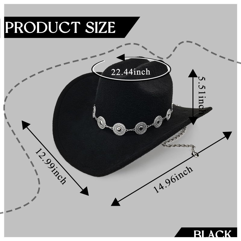 WOKNOW Classic Western Cowboy Hat for Men & Women, Felt Cowgirl Hat with Two Decorative Bands, ï¼ŒWide Brimï¼Œ All-Season Wear (Black Chain) - Image 2