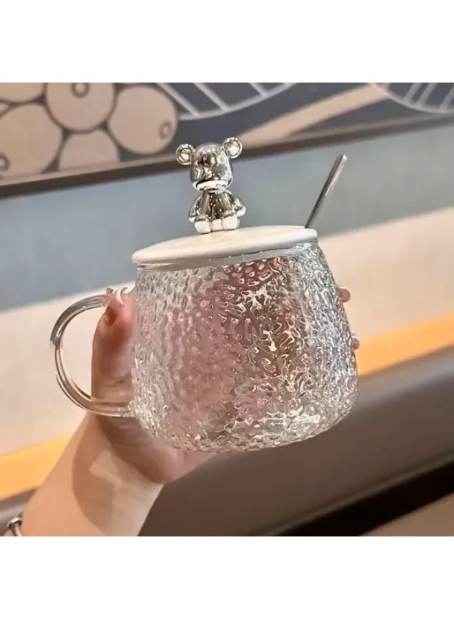 KITCHENOO Heat-resistant glass mug, Pyrex mug with lid, teddy bear lid mug, cute thermal mug with lid, bear-shaped lid mug, mug with lid and spoon for hot drinks, heat-retaining mug, gift mug, stylish thermal mug, versatile mug - Image 1