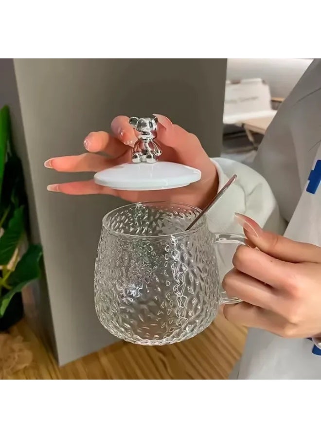 KITCHENOO Heat-resistant glass mug, Pyrex mug with lid, teddy bear lid mug, cute thermal mug with lid, bear-shaped lid mug, mug with lid and spoon for hot drinks, heat-retaining mug, gift mug, stylish thermal mug, versatile mug - Image 2