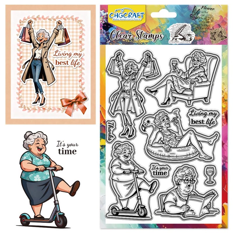 CHGCRAFT Cute Old Ladys Daily Life Pattern Clear Stamps Interesting Grandma Pattern Silicone Stamp Seal for DIY Scrapbooking and Card Making Paper Craft Decor 63 43 Inch - Image 3