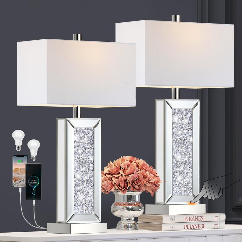 PARTPHONER Modern Table Lamp Set of 2 Touch Control, Silver Mirror Big Diamond Crystal Bedside Lamp with USB C+A Ports, 3-Way Dimmable Mirrored Nightstand Lamps White Fabric Shade for Living Room Bedroom - Image 1
