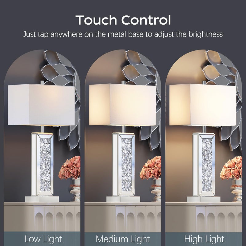 PARTPHONER Modern Table Lamp Set of 2 Touch Control, Silver Mirror Big Diamond Crystal Bedside Lamp with USB C+A Ports, 3-Way Dimmable Mirrored Nightstand Lamps White Fabric Shade for Living Room Bedroom - Image 2