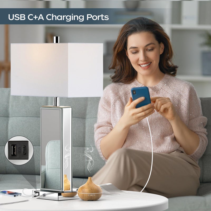 PARTPHONER Modern Table Lamp Set of 2 Touch Control, Silver Mirror Big Diamond Crystal Bedside Lamp with USB C+A Ports, 3-Way Dimmable Mirrored Nightstand Lamps White Fabric Shade for Living Room Bedroom - Image 3