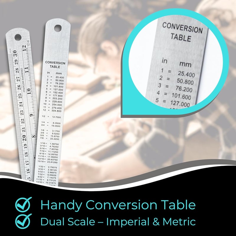 NOKKO Stainless Steel Ruler 10-Pack - Measuring Set of 12-Inch/30cm Metal Rulers with Imperial & Metric Measurements & Conversion Table - Heavy Duty Stainless Steel, Etched Markers, Straight Edges - Image 4
