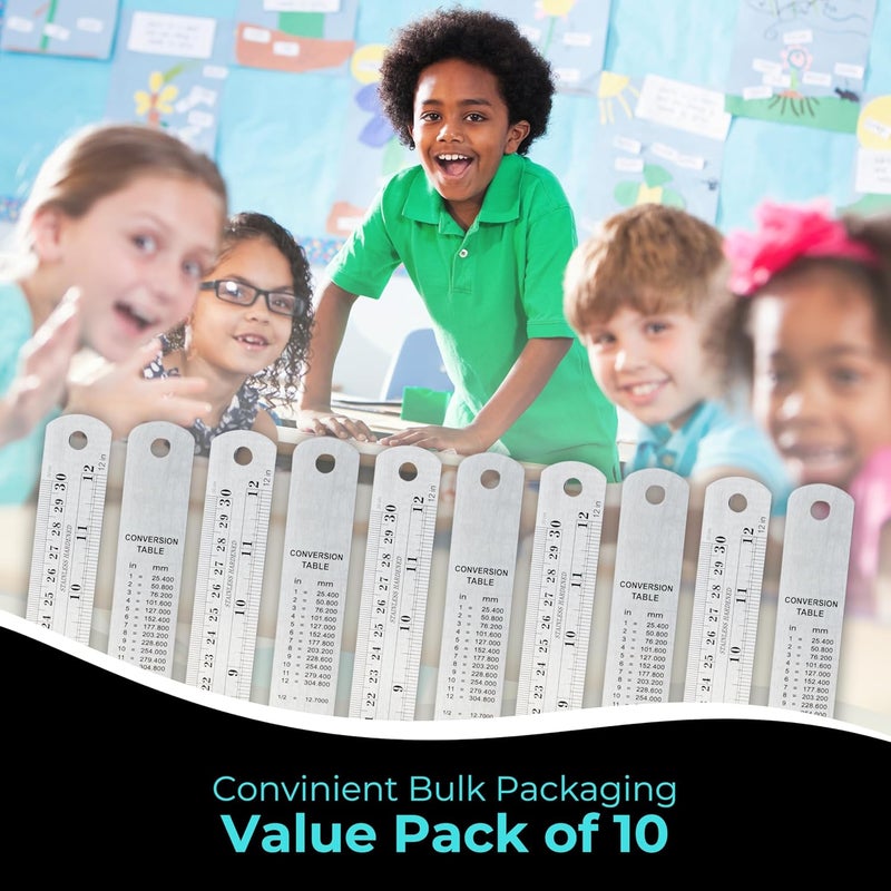 NOKKO Stainless Steel Ruler 10-Pack - Measuring Set of 12-Inch/30cm Metal Rulers with Imperial & Metric Measurements & Conversion Table - Heavy Duty Stainless Steel, Etched Markers, Straight Edges - Image 5