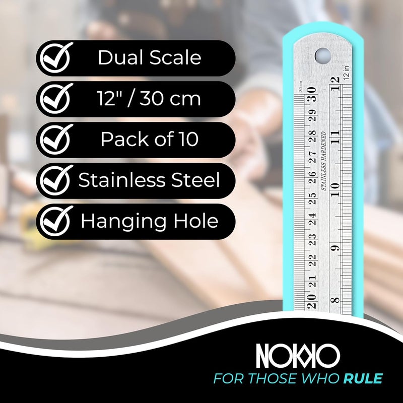 NOKKO Stainless Steel Ruler 10-Pack - Measuring Set of 12-Inch/30cm Metal Rulers with Imperial & Metric Measurements & Conversion Table - Heavy Duty Stainless Steel, Etched Markers, Straight Edges - Image 2