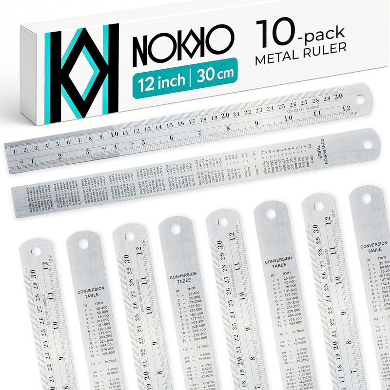 NOKKO Stainless Steel Ruler 10-Pack - Measuring Set of 12-Inch/30cm Metal Rulers with Imperial & Metric Measurements & Conversion Table - Heavy Duty Stainless Steel, Etched Markers, Straight Edges - Image 1