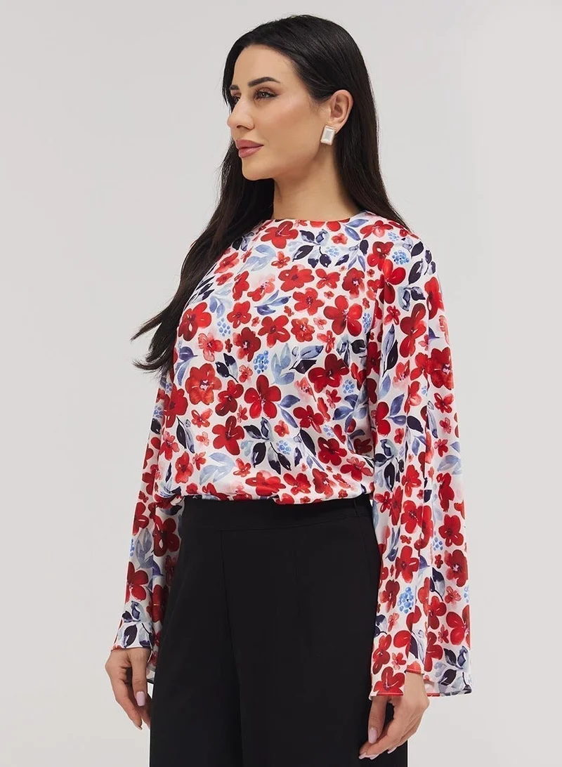 Zigzag Flared Sleeve Printed Red Top