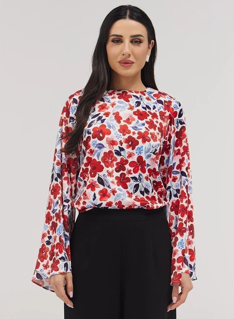 Zigzag Flared Sleeve Printed Red Top