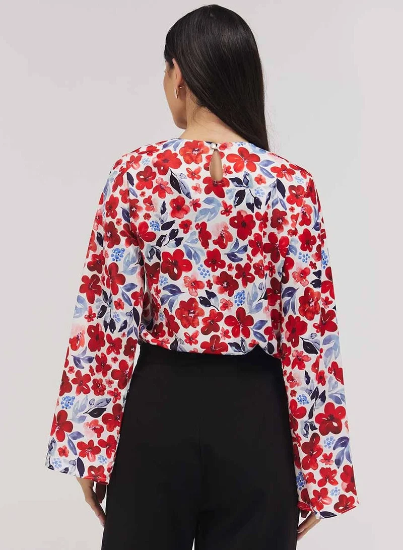 Zigzag  Flared Sleeve Printed Red Top for Women | Best Price UAE