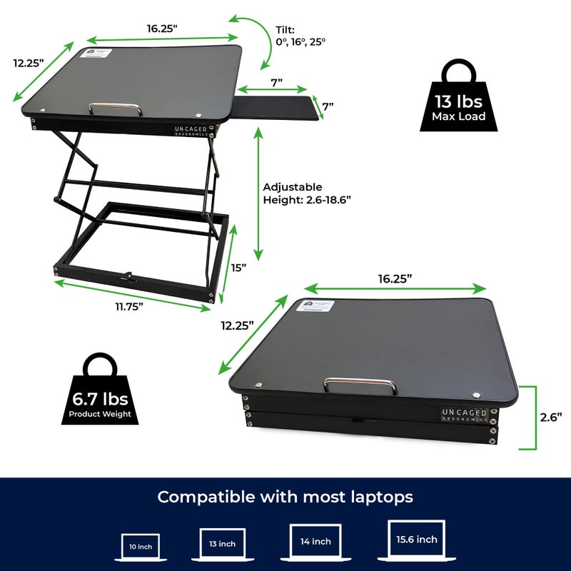 Uncaged Ergonomics CD4 Adjustable Standing Desk Converter for Laptops, Vertical Laptop Stand, Table Top Riser Standing Desk with Mouse Pad, 2.6"-18.6" Adjustable Height Converter - Image 4