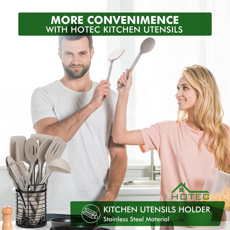 HOTEC 446Â°F Heat Resistant Silicone Kitchen Utensils, Cooking Utensil Set, Spatula Set, BPA Free, Kitchen Gadgets, With Stainless Steel Utensils Holder, Dishwasher Safe 14pcs Khaki - Image 2