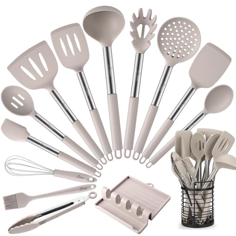 HOTEC 446Â°F Heat Resistant Silicone Kitchen Utensils, Cooking Utensil Set, Spatula Set, BPA Free, Kitchen Gadgets, With Stainless Steel Utensils Holder, Dishwasher Safe 14pcs Khaki - Image 1