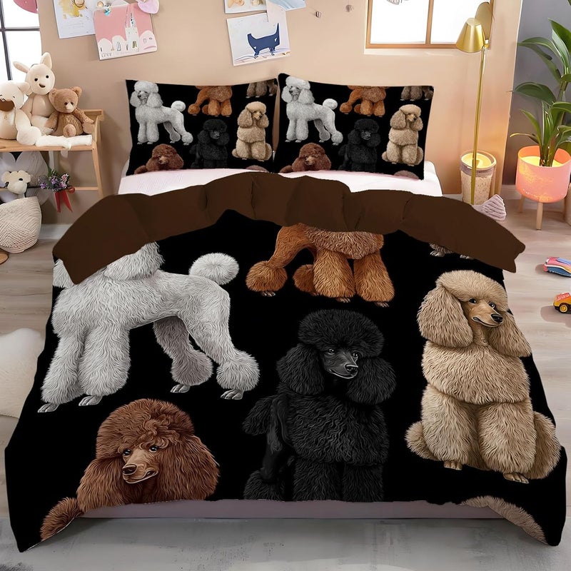 Reversible Duvet Cover Sets Poodle Twin Bedding Cute Pets Comforter Cover Sets Ultra Soft Quilt Bed Covers Set with Pillow Cases, 68" x 90", Black - Image 1