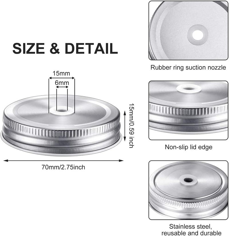 Zikra Stainless Steel Sealing Cap Jar Bottle Regular Mouth Mason Canning Lids with Straw Hole, 2.7in (Silver, 8 Pieces) - Image 2