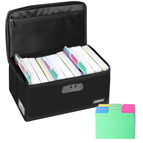 JUNDUN Index Card Holder with 48 Pieces 4x6 Inch Index Cards Dividers,Collapsible Fireproof Index Card Box with Lock fits 1200 4x6-Inch Flash Cards - Business, or Note Card Storage Boxes - Black - Image 1