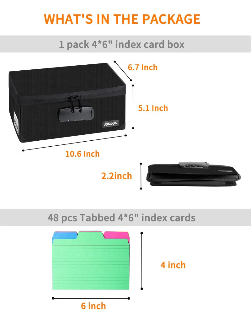 JUNDUN Index Card Holder with 48 Pieces 4x6 Inch Index Cards Dividers,Collapsible Fireproof Index Card Box with Lock fits 1200 4x6-Inch Flash Cards - Business, or Note Card Storage Boxes - Black - Image 2