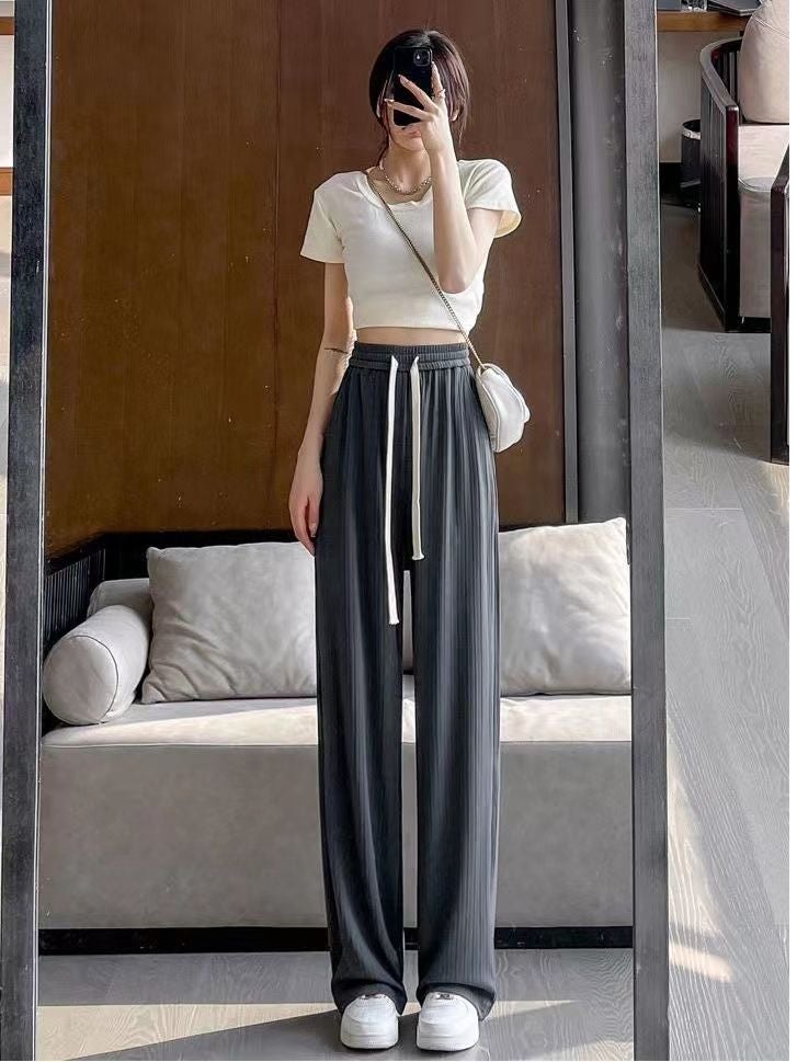 Wide-Leg Pants For Girls, Summer Thin Straight Pants, High-Waisted Slimming And Drapey, Lazy Style, Loose Floor-Length Casual Pants - Image 4