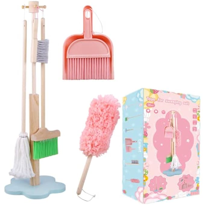 KIDS CLEANING TOY SET FOR TODDLERS, 7 PIECE KIDS BROOM TODDLER CLEANING SET CLEANING TOOLS-BROOM, MOP, DUSTER, BRUSH, DUSTPAN AND HANGING STAND HOUSEKEEPING KIT (7 PIECES PINK CLEANING SET) - Image 2