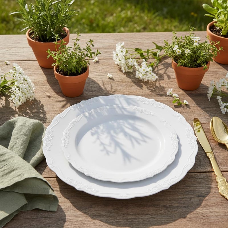 U-QE 100 Pieces White Plastic Plates - White Disposable Plates - Premium Hard Plastic Disposable Plates for Wedding and Party Use Including 50 Dinner Plates 10 '' & 50 Dessert Plates 7.5 '' - Image 3