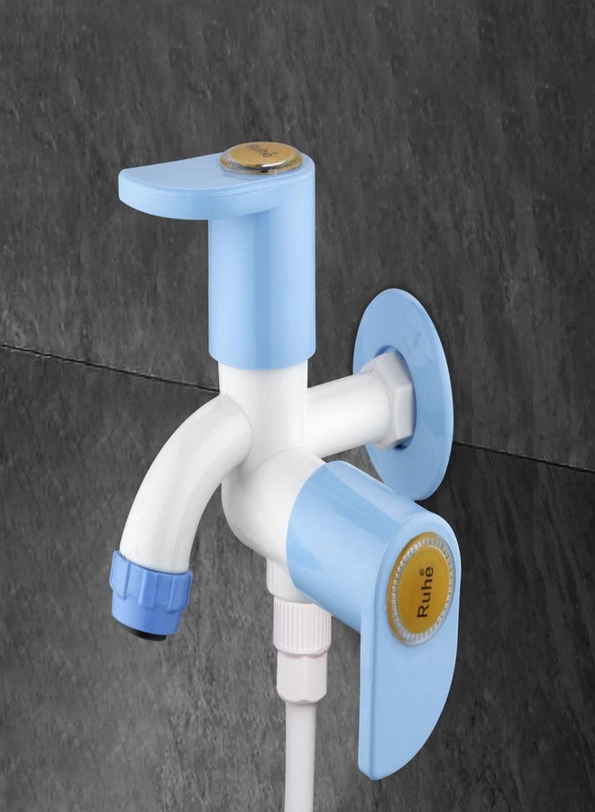 Ruhe® 2 Way Bib Cock PTMT Tap | PTMT/Plastic Indigo Curve Collection | 2 Way Bib Cock Faucet/Tap for Attachment of Health Faucet or Hand Shower | with Wall Flange | White & Blue | Pack of 4 - Image 1