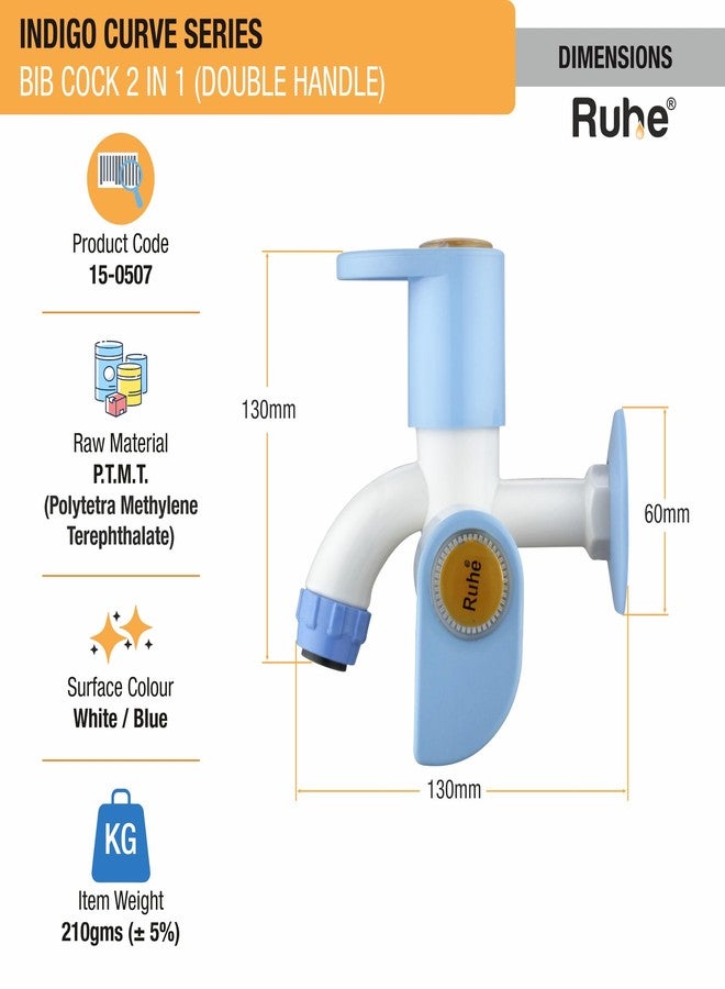 Ruhe® 2 Way Bib Cock PTMT Tap | PTMT/Plastic Indigo Curve Collection | 2 Way Bib Cock Faucet/Tap for Attachment of Health Faucet or Hand Shower | with Wall Flange | White & Blue | Pack of 4 - Image 2
