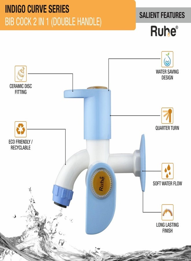 Ruhe® 2 Way Bib Cock PTMT Tap | PTMT/Plastic Indigo Curve Collection | 2 Way Bib Cock Faucet/Tap for Attachment of Health Faucet or Hand Shower | with Wall Flange | White & Blue | Pack of 4 - Image 4
