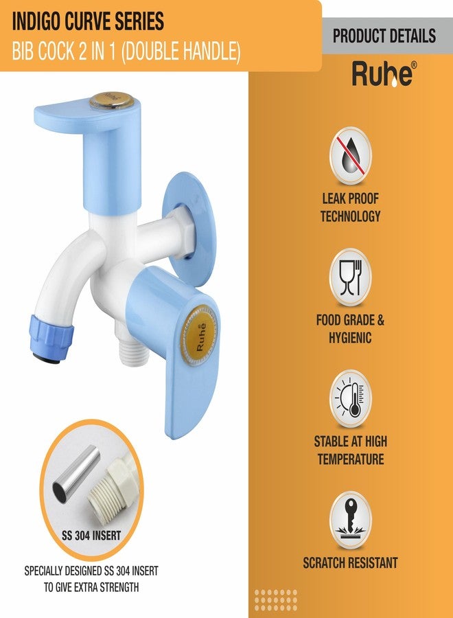 Ruhe® 2 Way Bib Cock PTMT Tap | PTMT/Plastic Indigo Curve Collection | 2 Way Bib Cock Faucet/Tap for Attachment of Health Faucet or Hand Shower | with Wall Flange | White & Blue | Pack of 4 - Image 3