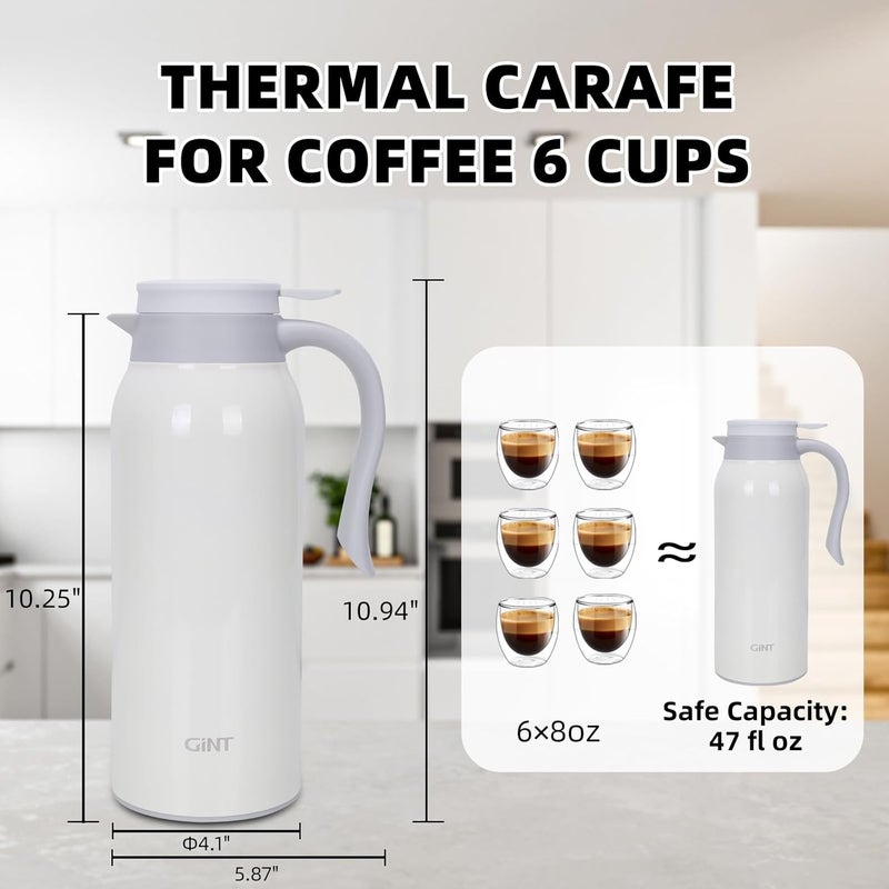 GiNT 51 Oz Stainless Steel Thermal Coffee Carafe, Double Walled Vacuum Insulated Flask, 12 Hour Heat Retention, 1.5 Liter Tea, Water, and Coffee Dispenser (Upgraded version White) - Image 3