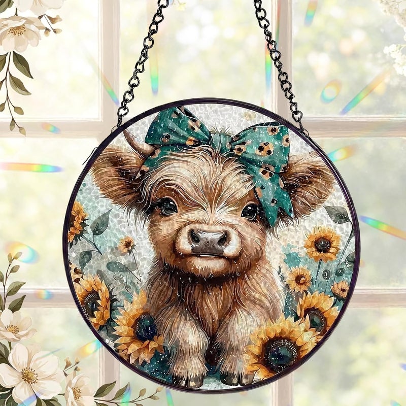 Mifoci 6.3 Inch Stained Glass Window Hanging Highland Cow Suncatchers Indoor Window Gifts for Highland Cow Lovers Room Office Decor Aesthetic - Image 1