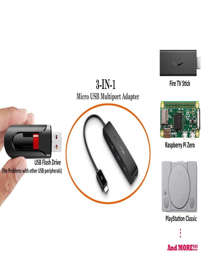 AuviPal 3-Port Micro USB OTG Hub Adapter (3 USB Ports + Power Port) for Fire Stick 4K, PlayStation Classic, Raspberry Pi Zero, Sega Genesis Mini, S/NES Classic Mini and More - Black - Image 2