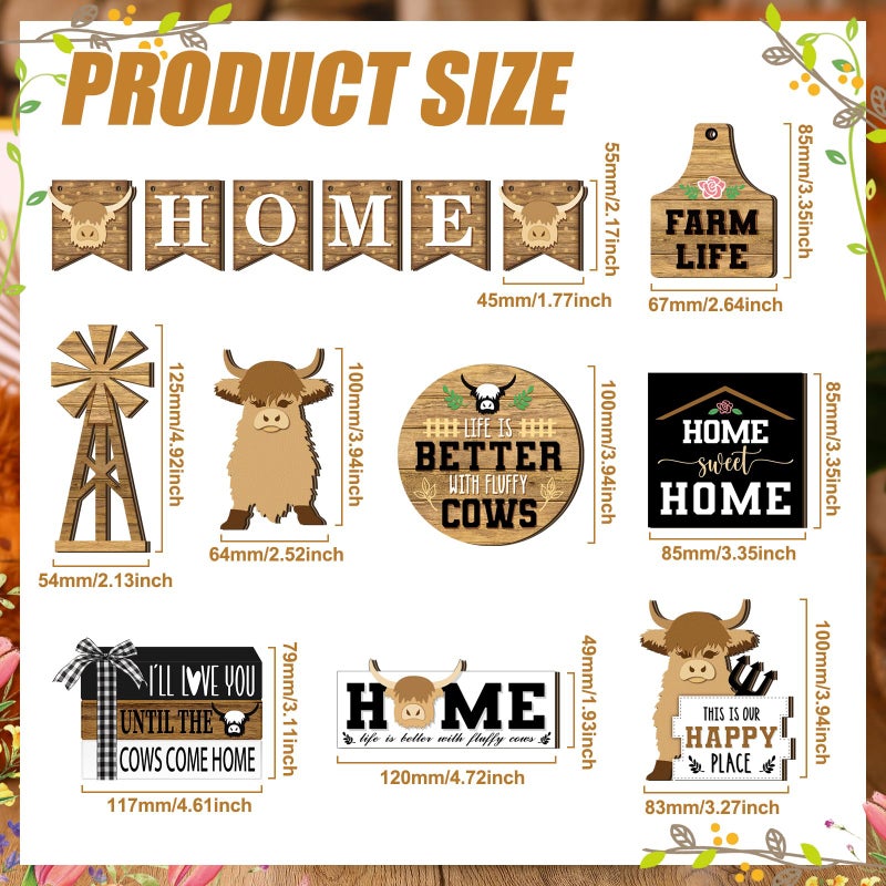 Soaoo 16 Pcs Highland Cow Tiered Tray Decor Gnome Plush Tray Decor Farmhouse Rustic Wood Table Signs with String Lights for Holiday Table Centerpieces Home(Highland Cow) - Image 3