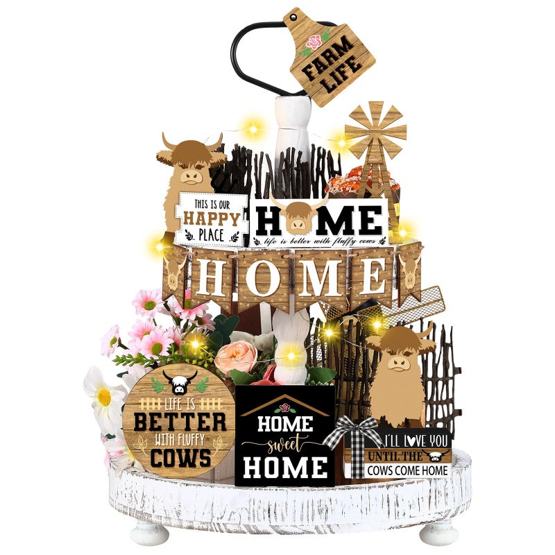 Soaoo 16 Pcs Highland Cow Tiered Tray Decor Gnome Plush Tray Decor Farmhouse Rustic Wood Table Signs with String Lights for Holiday Table Centerpieces Home(Highland Cow) - Image 1
