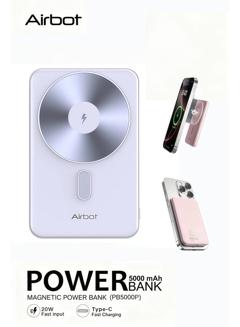 آيربوت بنك طاقة Airbot اللاسلكي بتقنية MagSafe وسعة 5000 مللي أمبير، مخصص للهواتف الذكية التي تدعم الشحن اللاسلكي. يتميز بوزن صافٍ خفيف للغاية يبلغ حوالي 110 غرامات فقط، وقوة امتزاز مغناطيسي عالية؛ فهو خفيف الوزن ومزود بمغناطيس، مما يجعله بنك طاقة محمولاً مثالياً للسفر. كما يدعم الشحن السريع بقدرة 20 واط عند الشحن السلكي. (اللون: أزرق) - Image 1