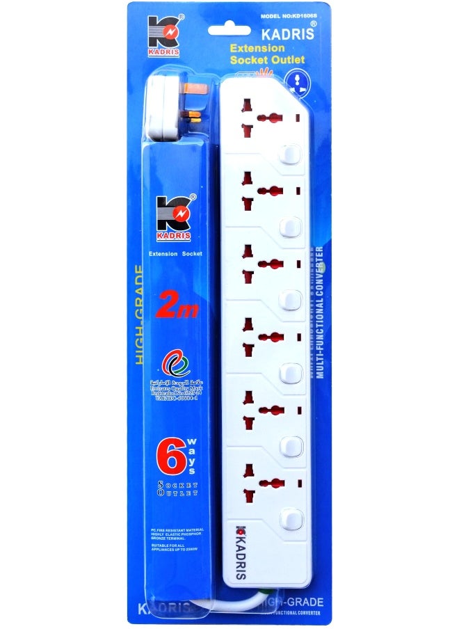 KADRIS - Power Strips KD1606S Heavy Duty Extension Cord with 6 way Outlets with switches, Charging Socket with 2 meter Heat resistant  Extension Cord (White) - Image 1