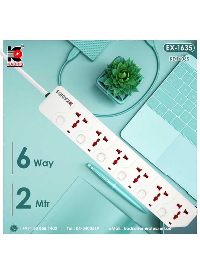 KADRIS - Power Strips KD1606S Heavy Duty Extension Cord with 6 way Outlets with switches, Charging Socket with 2 meter Heat resistant  Extension Cord (White) - Image 1
