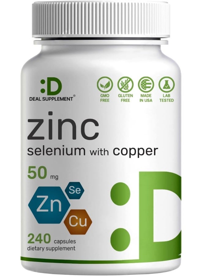 DEAL SUPPLEMENT Zinc 50mg with Selenium 200mcg + Copper, 240 Capsules, 8 Month Supply, 3 in 1 Mineral Formula, Zinc Picolinate Complex Supplement, Supports Healthy Immune System for Adults and Kids - Image 1