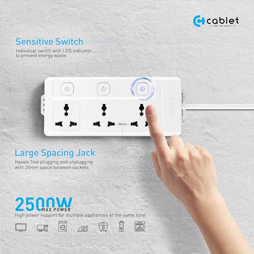Cablet Extension Board 2500W 10A | 3 Universal Multi Plug Socket with Individual Switches | 4.5 Meter Heavy Duty Cord | LED Indicator, Power Strip & Spike Guard for Home & Office Use - Image 2