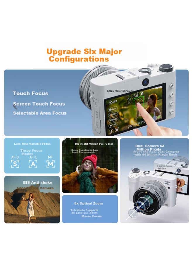 Caizu Dual Camera Optical Zoom Digital Camera 5k Video Recording Mirrorless Camera Hisilicon Chip Lens Ring Variable Screen Touch Focus Slr High Definition Night Vision Full Color Wifi Connection