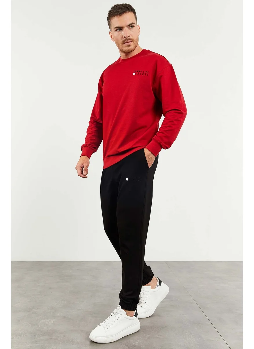 تومي لايف Red-Black Men's Casual O Neck Oversize Elastic Leg Tracksuit - 85120