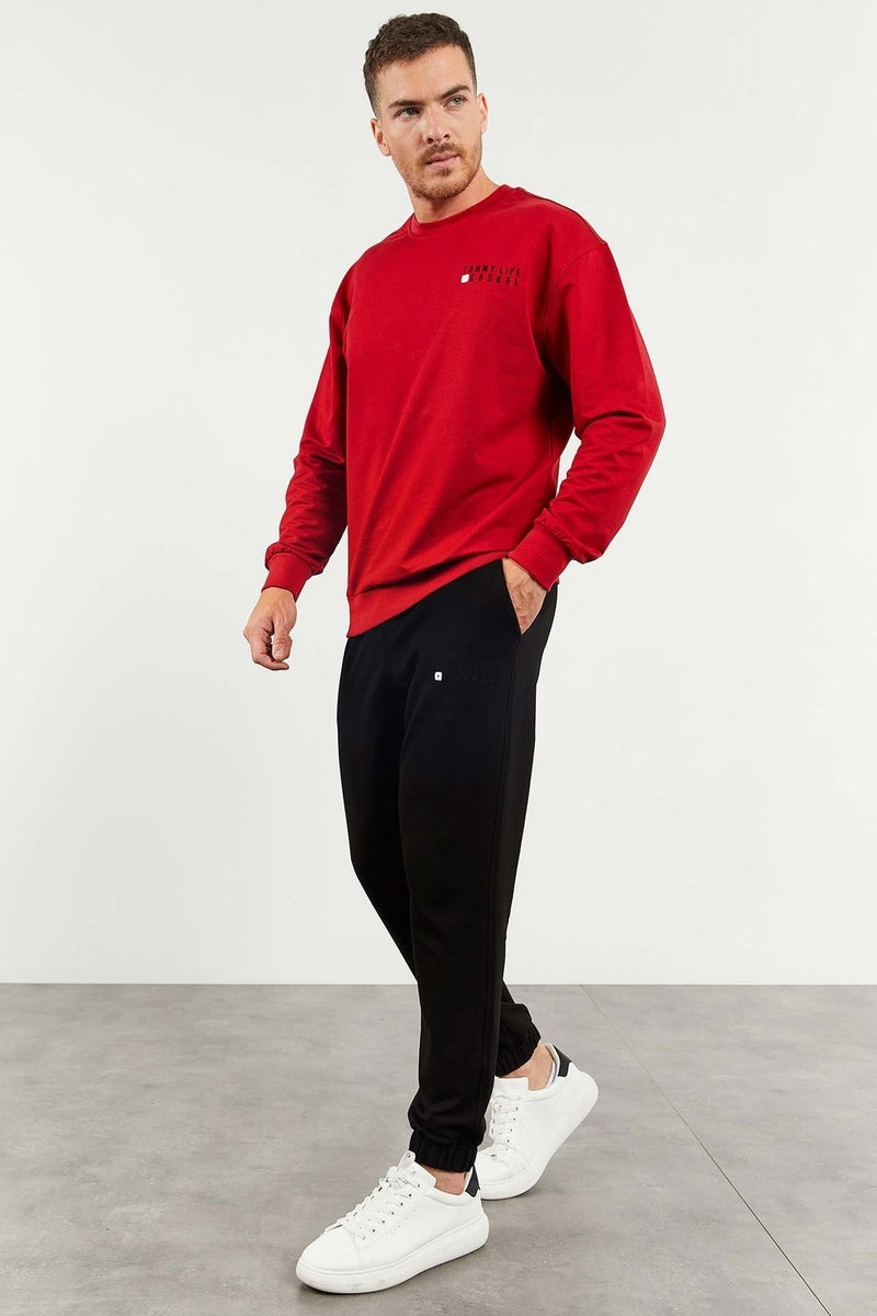 Tommy Life Red-Black Men's Casual O Neck Oversize Elastic Leg Tracksuit - 85120  - Image 1