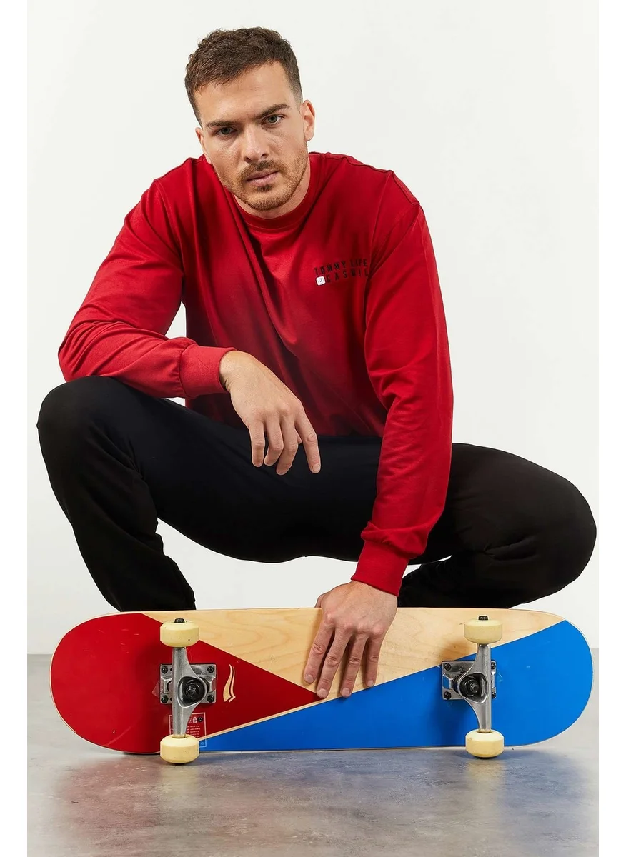 تومي لايف Red-Black Men's Casual O Neck Oversize Elastic Leg Tracksuit - 85120