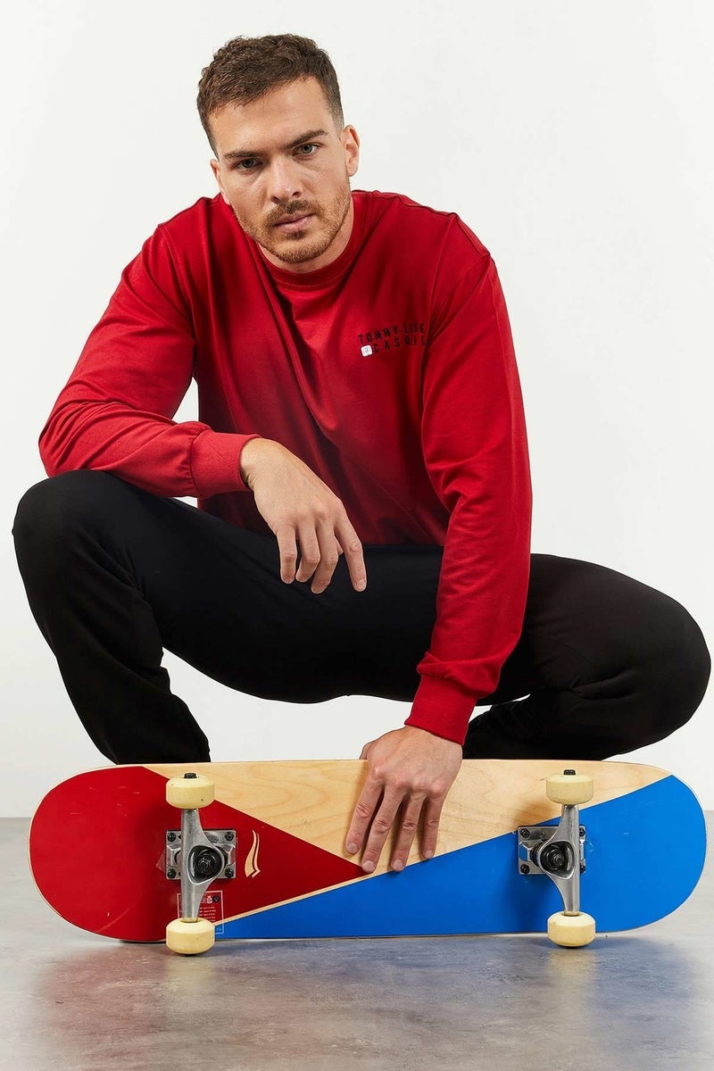 Tommy Life Red-Black Men's Casual O Neck Oversize Elastic Leg Tracksuit - 85120  - Image 2