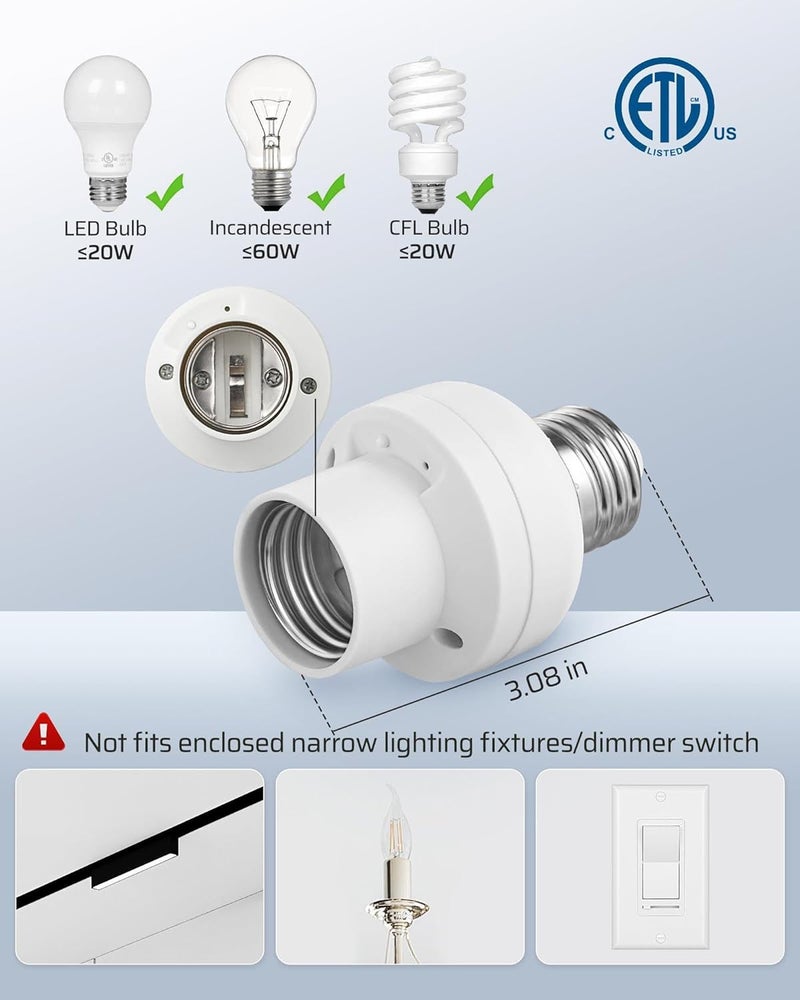 DEWENWILS Remote Control Light Bulb Socket, Wireless Light Switch for Pull Chain Light Fixture, E26 E27 Bulb Base, No Wiring, ETL Listed(1 Wall Mounted Switch+2 Socket) - Image 4