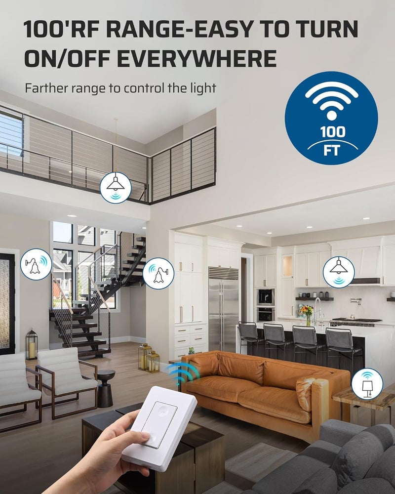 DEWENWILS Remote Control Light Bulb Socket, Wireless Light Switch for Pull Chain Light Fixture, E26 E27 Bulb Base, No Wiring, ETL Listed(1 Wall Mounted Switch+2 Socket) - Image 3