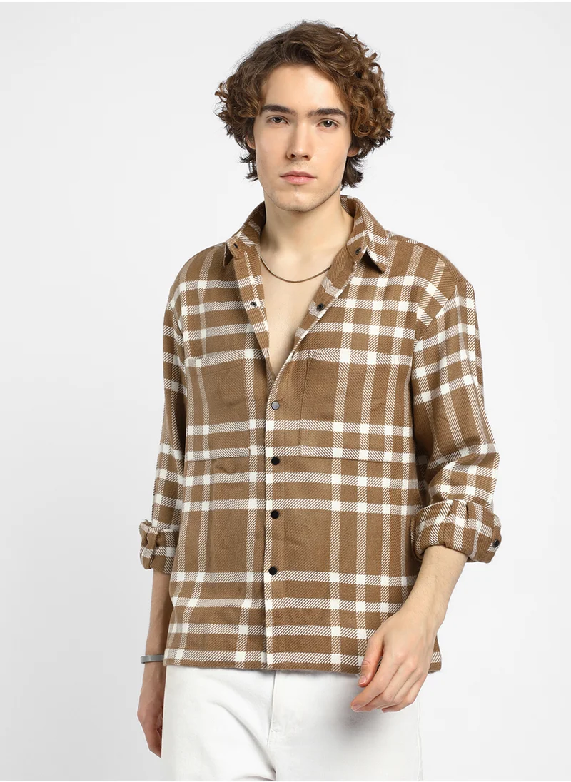 كامبوس سوترا Men's Ash Brown Checkered Utility Overshirt