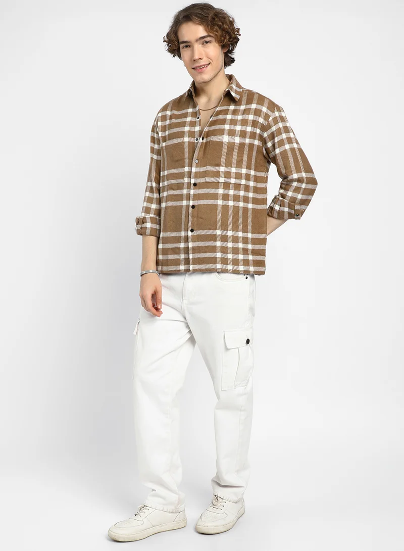 Campus Sutra Men's Ash Brown Checkered Utility Overshirt