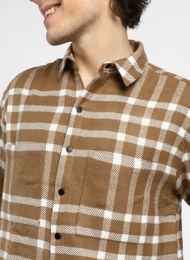 Campus Sutra Men's Ash Brown Checkered Utility Overshirt