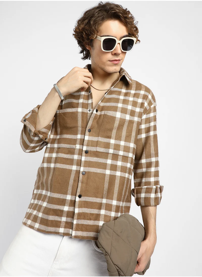 كامبوس سوترا Men's Ash Brown Checkered Utility Overshirt