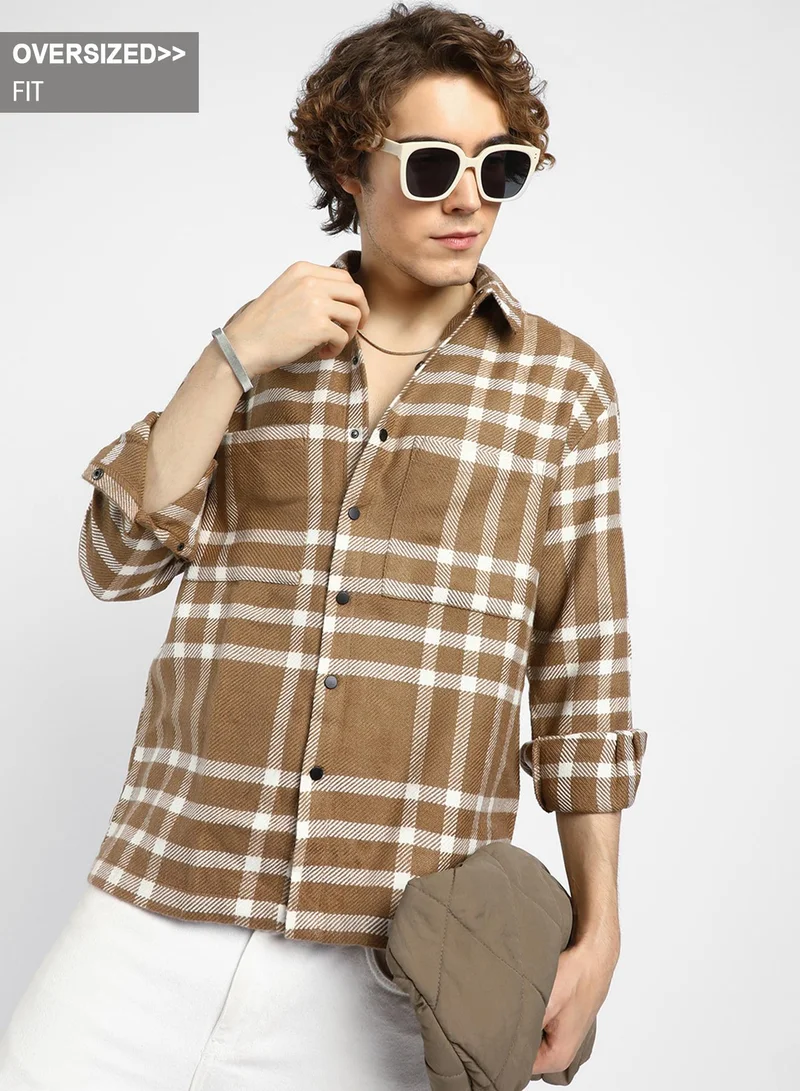 Campus Sutra Men's Ash Brown Checkered Utility Overshirt